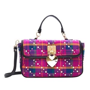 Betsey Johnson Pink Plaid Heart Lock Crossbody Bag